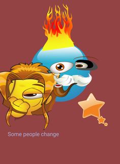 some people change on a red background with an angry bird and fireball in the middle