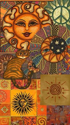 an art work with many different colors and designs on it, including a cat sitting in the center