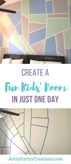 a bedroom with a bed, ceiling fan and colorful wallpaper in the background text reads create a fun kids'room in just one day