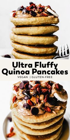 stack of fluffy quinoa pancakes topped with nuts and chocolate