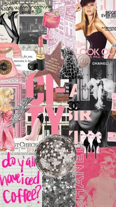 the collage is made up of pink and black images, including a woman's hair