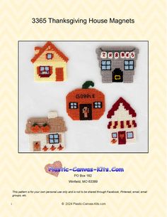 the front cover of a cross stitch pattern for thanksgiving house magnets