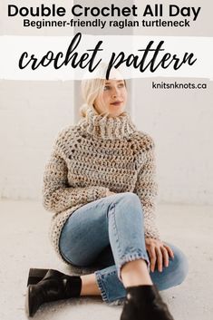 a woman sitting on the ground with her legs crossed, wearing black shoes and a crocheted sweater