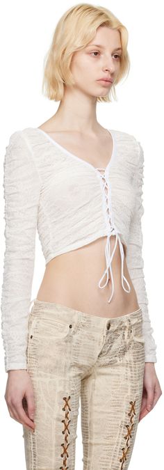 Stretch nylon lace blouse. Gathering throughout. · Scoop neck · Lace-up fastening at front and back · Full tulle lining Supplier color: Alabaster white Lace Top White, Yasmin Wijnaldum, Crochet Fairy, Alabaster White, Lace Up Top, Usa Products, White Lace Top, Usa Outfit, Neck Lace