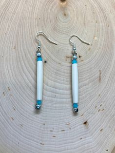 Authentic Native beadwork. Made with White Buffalo Bone Hairpipe Beads, glass  beads, and hypoallergenic earrings hooks for sensitive ears. Native-made. Packaging:  All earrings are beautifully packaged in a gift bag. Bone Earrings, Native Beadwork, White Buffalo, Hypoallergenic Earrings, Sensitive Ears, Gift Bag, Bead Work, Holland, Nativity