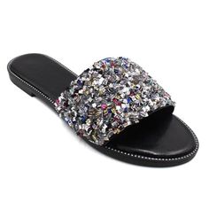 Add a touch of bling to your wardrobe with LAVRA Women's Rhinestone Slides Crystal Embellished Bling Sandals! These sparkly sandals are made from a metallic leather material with a cuhioned footbed and flat heel. Its slip on design provides quick and easy wear wherever you go and can comfortably be dressed up or down, day to evening! Match them with all your Spring and Summer favorites, from flowy dresses to denim shorts and jumpsuits! Size: 7.  Color: Multicolor.  Gender: female.  Age Group: ad Open Toed Booties, Bling Flip Flops, Rhinestone Slides, Sparkle Sandals, Sparkly Sandals, High Heel Clogs, Bling Sandals, Summer Sandals Flat, Low Wedge Sandals