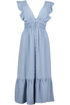 Think of a beautiful day with blue skies all wrapped up in a dress. This short sleeve, midi dress features a V-Neck, ruffled collar and covered buttons. The back ties above the waist, leaving the back partially exposed. This dress is fully lined. Shell: 100% polyester Lining: 97%polyester 3% spandex Model is wearing an extra small. Elegant Beach Midi Dress With Flutter Sleeves, Elegant Flutter Sleeve Midi Dress For Beach, Chic Flutter Sleeve Midi Dress For Daywear, Chic Midi Dress With Flutter Sleeves For Daywear, Chic Midi Dress With Flutter Sleeves For Vacation, Ruffled Mid-length Maxi Dress For Day Out, Mid-length Ruffled Maxi Dress For Day Out, Short Sleeve Midi Sundress With Ruffle Hem, Sundress With Ruffle Hem And Short Sleeves