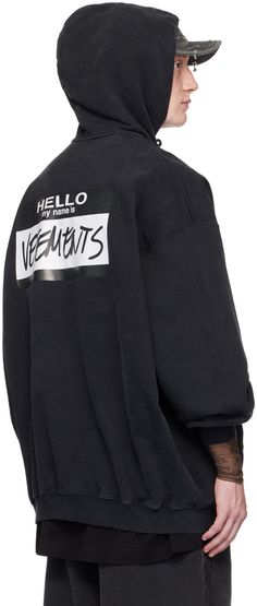 French terry hoodie. · Drawstring and embroidered logo at hood · Logo graphic printed at chest and back · Kangaroo pocket · Dropped shoulders · Rib knit hem and cuffs Supplier color: Black Vetements Hoodie, French Terry Hoodie, Drawstring Hoodie, Logo Graphic, My Name Is, My Name, Black Hoodie, Kangaroo Pocket, Drop Shoulder