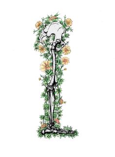 a drawing of a skeleton with flowers around it