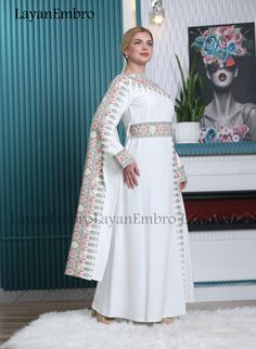 White Embroidered Anarkali Kaftan, Floral Embroidered Abaya For Eid Wedding, Multicolor Embroidered Kaftan For Eid Wedding, Multicolor Embroidered Kaftan For Wedding And Eid, Eid Wedding Multicolor Embroidered Kaftan, Fitted Embroidered Maxi Abaya, Embroidered Fitted Maxi Length Abaya, Modest Long Embroidered Kaftan, Embroidered Fitted Maxi-length Abaya