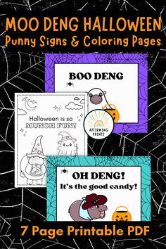 halloween coloring pages for kids with the title moo demg halloween punny signs and coloring