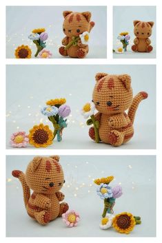 crocheted teddy bear sitting next to flowers and holding a flower in it's paws