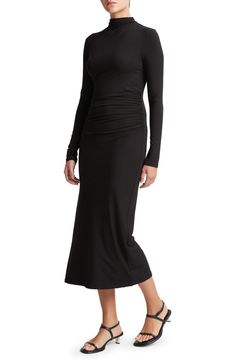 Gentle ruching eases the shape of a wear-everywhere dress made from soft silk jersey. 48 1/2" length (size medium) Funnel neck Long sleeves Hand wash, dry flat Imported Elastane Midi Dress With Ruched Sides, Black Ruched Midi Dress In Elastane, Stretch Elastane Midi Dress With Ruched Back, Black Fitted Versatile Maxi Dress, Fitted Black Versatile Maxi Dress, Fitted Black Maxi Dress Versatile Style, Ruched Stretch Midi Dress For Work, Stretch Ruched Midi Dress For Work, Black Ruched Maxi Dress In Elastane