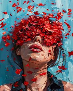 a painting of a woman with red butterflies on her head