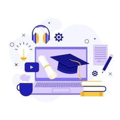 a laptop with headphones, books and graduation cap on the screen is surrounded by other items