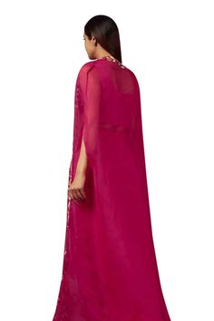 Hot pink organza cape with floral and thread embroidery. Comes with a dhoti skirt and a bustier. - Aza Fashions Dhoti Skirt, Organza Cape, Floral Cape, Embroidered Cape, Lotus Design, Blue Lotus, Open Neck, Luxury Sale, Thread Embroidery