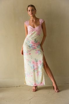 This item is excluded from promotions For the certified sweetheart in us all, the Mimi Lace Trim Floral Mesh Maxi Dress is ready for love. This mesh maxi dress features lace cap sleeves and bust, a sweetheart neckline, and quaint floral print. Perfect as wedding guest dress, pair with a pair of chic heels to complete the look!Details: Self: 95% Polyester, 5% Spandex Contrast: 95% Nylon, 5% Spandex Lining: 100% Polyester Lots of Stretch Fully Lined Side Slits Hand Wash Cold/ Line Dry Homecoming Shoes, Red Floral Top, Formal Wedding Guests, Runaway The Label, Rush Dresses, Ready For Love, Chic Heels, Mesh Maxi Dress, Sequin Sweater