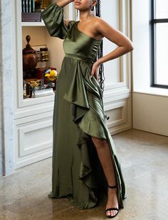 A-Line Evening Gown Elegant Dress Formal Christmas Sweep / Brush Train Long Sleeve One Shoulder Satin with Ruched Ruffles Festive Floor-length Ruffled Dresses, Fitted Green Maxi Dress For Holiday, One Shoulder Ruffled Bridesmaid Maxi Dress, Spring One-shoulder Gown With Ruffles, Floor-length Ruffled Dresses For Fall, Green Ruffled Dress For Holiday, Green Ruffled Gown For Party, Ruffled Maxi Dress For Winter, Winter Ruffled Maxi Dress