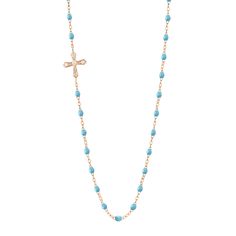 Gigi Clozeau - Vintage Cross Diamond Necklace, Turquoise, Rose Gold, 16.5 Elegant Turquoise Cross Jewelry, Turquoise Rose, Necklace Turquoise, Vintage Diamond, Or Rose, Gold Diamond, Diamond Necklace, Beaded Necklace, Rose Gold