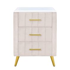 a white and gold nightstand with two drawers on one side, an open drawer in the other