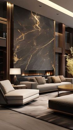 an elegant living room with marble walls and flooring