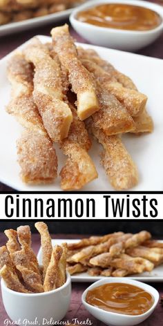 cinnamon twists on a white plate with dipping sauce in small bowls next to the recipe