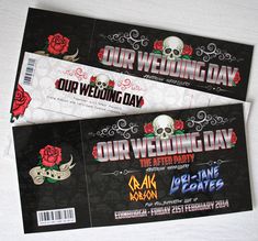 two tickets with skulls and roses on them for a wedding day or another special event