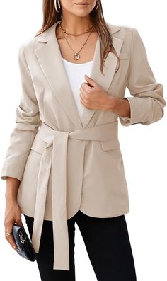 Happy Sailed Womens Fashion Belted Blazer 2024 Open Front Long Sleeve Office Blazer Jackets Bussiness Casual Work Suit - fall jackets Belted Blazer, Work Suits, Casual Work, Luxury Store, Pharmacy Gifts, Work Casual, Front Open