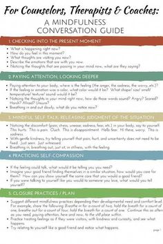 Mindfulness Conversation Guide for Counselors, Therapists, and Coaches to Use in Sessions with Clients.… | Mindfulness activities, Coping skills, Therapy counseling Therapy Questions, Counseling Tools, Counseling Worksheets, Mindfulness Practices, Mental Health Activities