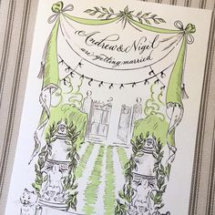 a drawing of an entrance to a wedding venue with green curtains and flowers on it