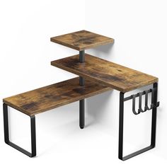 two wooden tables with metal legs on each side