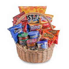 a basket filled with snacks and candy