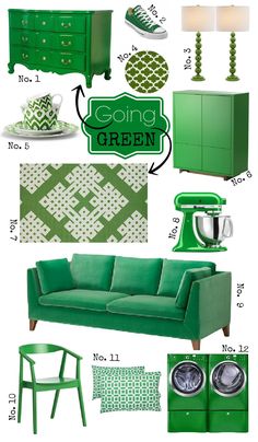 green furniture and accessories are featured in the color scheme for this living room, which is also