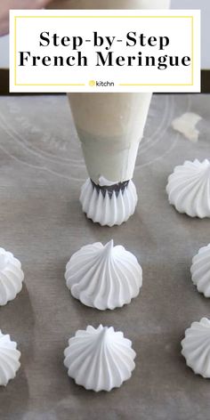 the steps to making french meringue are shown with white icing on them