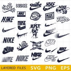 large collection of nike logos in various styles and colors, all with the same font