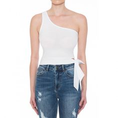 Details: - One shoulder -Sleeveless -Cropped -Asymmetric self-tie hem detail - Form-fitting silhouette Fabric: 95% COTTON 5% SPANDEX One Shoulder Crop Top, Small Crop Tops, Shoulder Crop Top, Large White, Basic Tank Top, One Shoulder Blouse, One Shoulder, Crop Top, Crop Tops