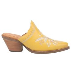 Stand out in room full of wallflowers with the Wildflower leather mule. The floral embroidery and dainty feel is perfect for work, a night out, and is offered in several color ways. Size: 8 M.  Color: Yellow.  Gender: female.  Age Group: adult.  Pattern: embroidered. Yellow Mid Heel Shoes, Clear Wedges, Women's Lace Up Boots, Mule Sneakers, Color Ways, Lace Up Flats, Yellow Shoes, Slip On Mules, Dress Shoes Womens