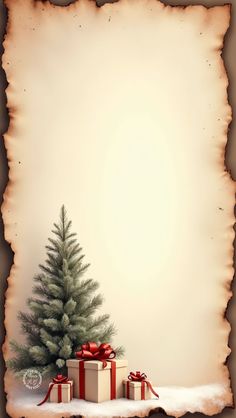 a christmas card with presents and a small fir tree on the left side, in front of an old paper background