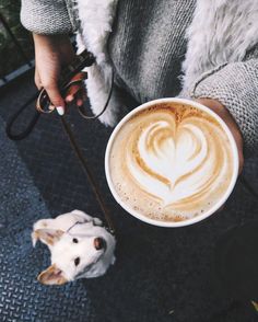 a person holding a cup of coffee with a dog on a leash