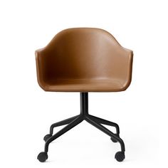 an office chair with casteors and leather upholstered seat, viewed from the front