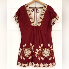 Nwt Anthropologie Cover Up Dress, Sz S Size: Small Color: Dark Red, Cream Beautiful Embroidered Cover Up Dress With Back Tasseled Tie. Deep Plunge In Front And Back. Feel Free To Ask Any Questions! Beach Caftan, New Jet, Deep Plunge, Striped One Piece, Summer Stripes, Tankini Swim Tops, Solid & Striped, Cover Up Dress, Anthropologie Dress