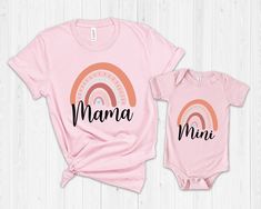 Mama Mini Rainbow Matching Shirt, Mommy and Me Shirts, Mommy Daughter Shirts Set, New Mom Gift , Mama mini rainbow t-shirt Please note this disclaimer: This item is not affiliated with any existing intellectual property or trademark unless specified in the Product Description. This item is a fun shirt for fans. - Price advertised is only for *ONE* T-shirt. Please add multiple shirts to cart to make a set. - Child Design is available in Bodysuit and T-Shirt (See Dropdown Menu for options) -Our sh Pink Crew Neck Top With Rainbow Print, Cute Rainbow Letter Print Tops, Pre-shrunk Cotton Rainbow Tops, Pre-shrunk Cotton Rainbow Colored Tops, Rainbow Pre-shrunk Cotton Top, Rainbow Colored Pre-shrunk Cotton Tops, Cotton Rainbow Pre-shrunk Tops, Pink Cotton T-shirt With Rainbow Print, Mommy Daughter Shirts