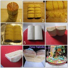 pictures of different types of cakes and pastries that are being made in the shape of books