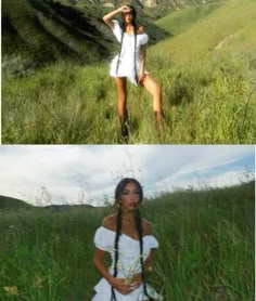 two pictures of a woman posing in the grass