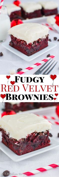 red velvet brownies with white frosting on top