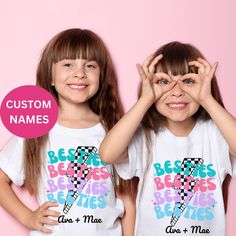 Personalized Kids Best Friends Gift, Best Friends Matching Shirts With Custom Names -Soft and comfortable heavyweight fabric made of a cotton -Durable double-stitching at the neckline and sleeves for increased resilience -Pre-shrunk for consistent fit post-wash -Please reference the size chart picture for correct sizing Please enter the names you would like displayed in the personalization box. There is a maximum of 40 spaces available. You can add as many names as space allows! Friendship Shirts For 4 Best Friends, Multicolor T-shirt With Name Print As Gift, Cute Multicolor T-shirt With Name Print, Friends Matching Shirts, Spring Fun T-shirt With Name Print, Besties Shirts, Best Friends Matching, Playful Multicolor T-shirt With Name Print, Girls Blouse