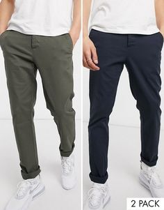 ASOS DESIGN 2 pack slim chinos in khaki & navy save | ASOS Teenager Boy, Adidas Originals Logo, Tapered Sweatpants, Slim Fit Joggers, Armani Logo, Slim Chinos, Checked Trousers, Light Blue Shorts, Boxing T Shirts