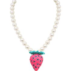 Snap, sparkle and pop with a vibrant, near-neon bubble gum pink Dollchunk signature. The Bubble Gum Strawberry Pearl Necklace is freshly picked and ready to sparkle. The lifelike chunky ceramic covered strawberry is a poppy pink pendant with hand-placed glimmering robin’s egg blue crystal seeds. It hangs from hand-strung crystal nacre pearls with solid sterling silver hardware. The back of the strawberry features a silver engraved logo tag. The chain is adjustable, so it can be worn as a choker Pink Resin Party Necklaces, Covered Strawberry, Pink Pendant, Pearls Necklace, Freshly Picked, The Bubble, Covered Strawberries, Logo Tag, Engraved Logo