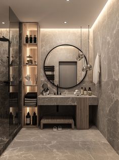 a modern bathroom with marble walls and flooring