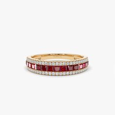 14k Half Eternity Square Ruby Anniversary Ring – FERKOS FJ Luxury Ruby Ring With Half Eternity Style, Ruby Wedding Band, Ruby Anniversary, Measure Ring Size, Multicolor Jewelry, Colored Stone Rings, Ruby Wedding, Diamond Carat, Anniversary Bands